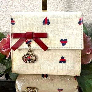 GUCCI RARE heart-print wallet with a double G Logo Charm w/ Red Bow from Japan